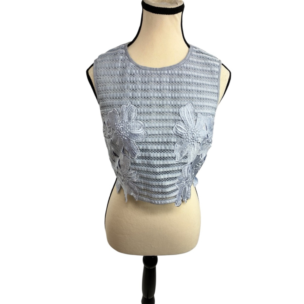 Ted Baker Womens Size 2 Blue Sheer Floral Embroidered Crop Top Elegant
